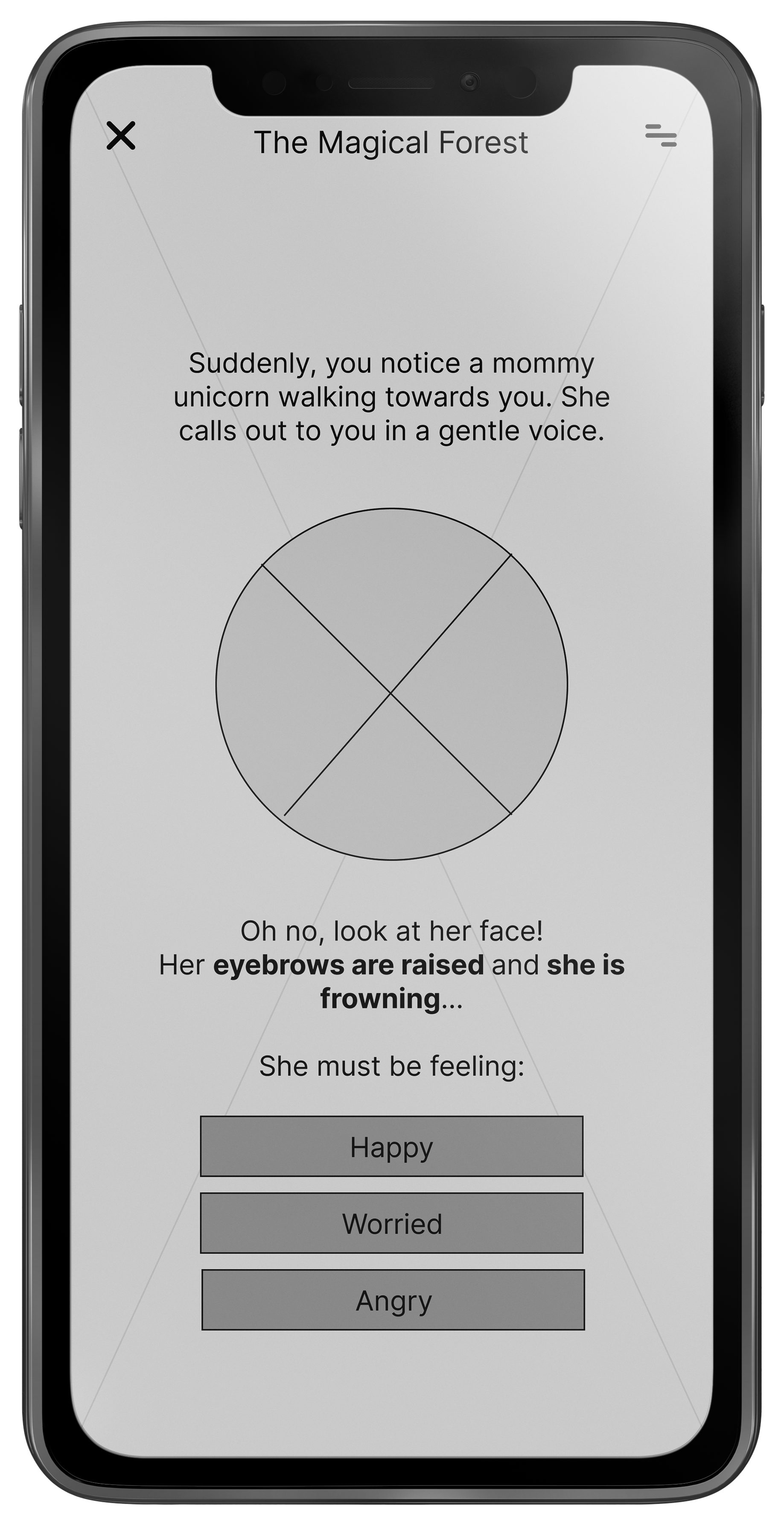 EmotQuest Game Play Screen Wireframe, mobile