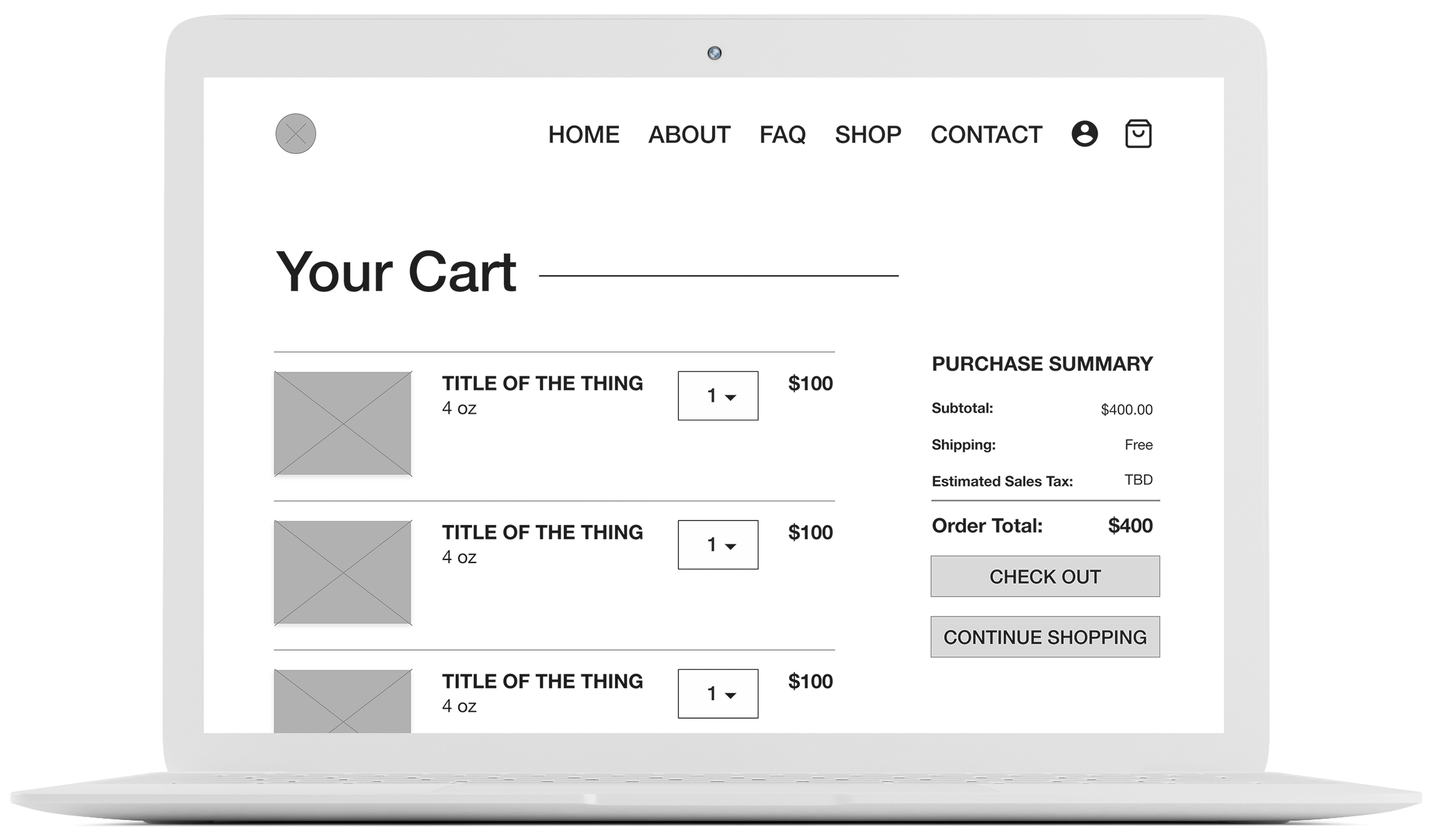 Pre-usability Study Screenshot of the Cart page without back navigation and the option to remove items